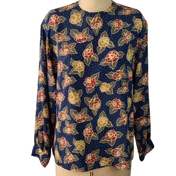 Vintage Pendleton navy maroon ochre floral long sleeve blouse 16 - Picture 5 of 7
